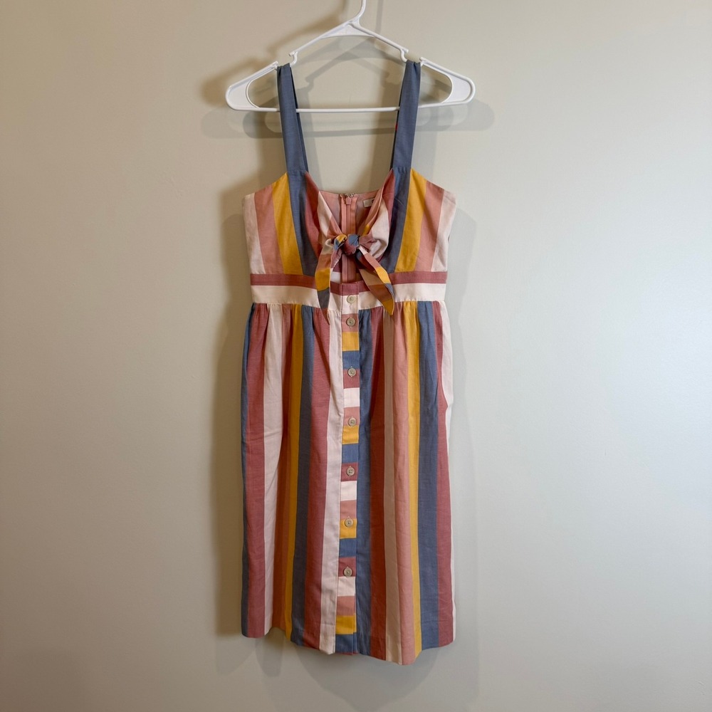 Madewell Women's Size 4 Colorful Striped Cotton Tie-Front Button-Down Midi Dress